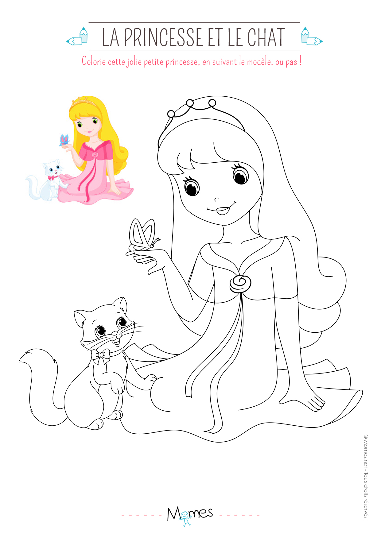 Coloriage la princesse et le petit chat (avec modèle)  Momes.net